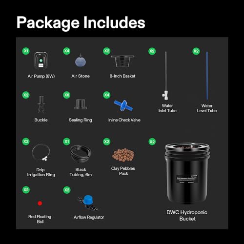 VIVOSUN DWC Hydroponics Grow System with Top Drip Kit, 5-Gallon Deep Water Culture, Recirculating Drip Garden System with Multi-Purpose Air Hose, Air Pump, and Air Stone (4 Buckets + Top Drip Kit)