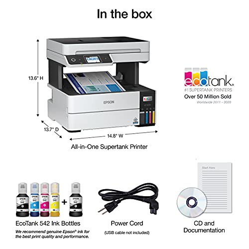 Epson EcoTank Pro ET-5180 Wireless Color All-in-One Supertank Printer with Scanner, Copier, Fax Plus Auto Document Feeder and PCL/Postscript, White, Large