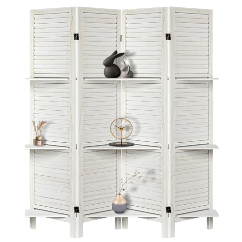 Room Divider with Shelves, Privacy Screen, Room Dividers and Folding Privacy Screens, 5 Panel Wood Temporary Wall Partition Separation Separator, Coconut