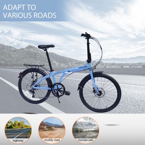 24" Folding City Bike Aluminum Frame 7 Speed Folding Bike,Lightweight Folding Bike，Folding Commuter Bike for Adults, Men, Student，Bike with Rear Rack，Adjustable Stem