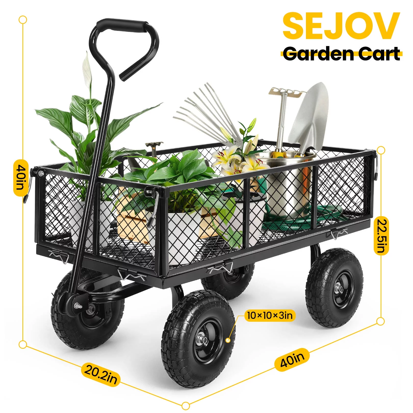 Funcid Steel Garden Cart, Heavy Duty 660 LBS Capacity, with Removable Mesh Sides to Convert into Flatbed, Utility Metal Wagon with 180° Rotating Handle and 10" Tires, Perfect for Garden, Farm, Yard