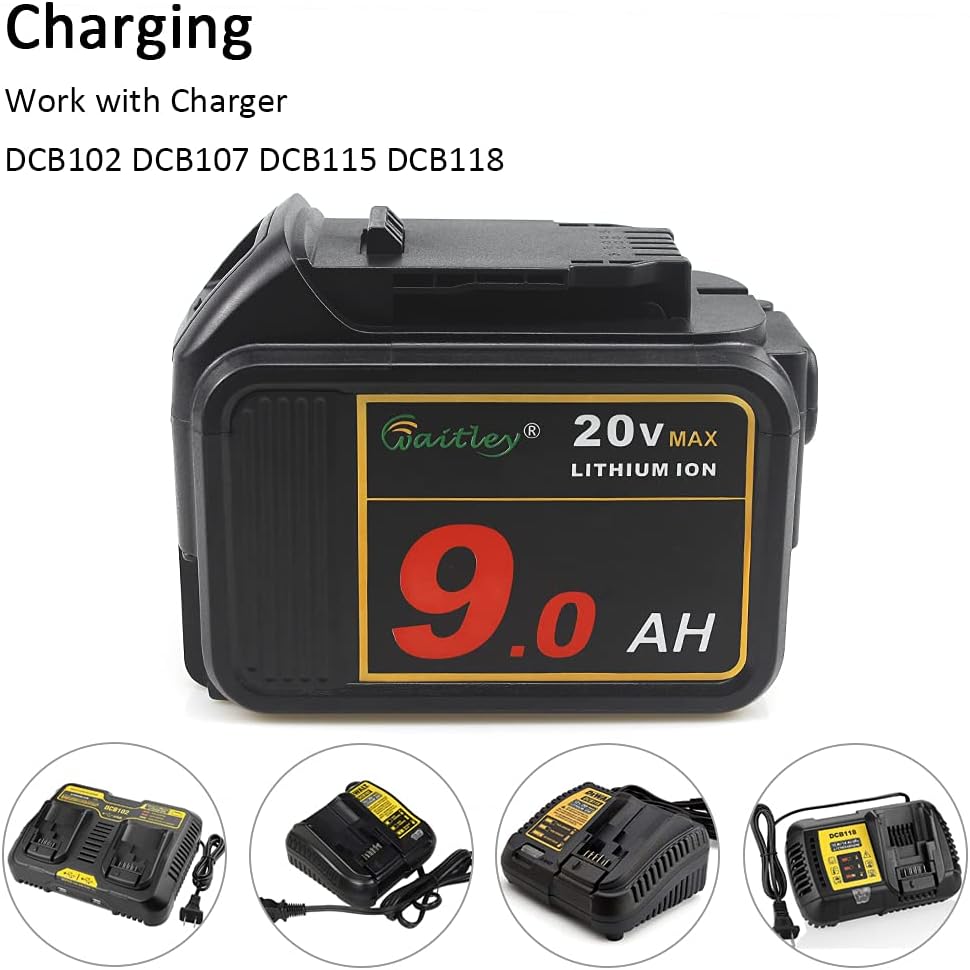 Waitley 20V MAX 9.0Ah Lithium Ion Battery Compatible with DEWALT DCB200 DCB204 DCB205 DCB206 DCB209 DCD/DCF/DCG Series Tools with LED Indicator Pack of 2