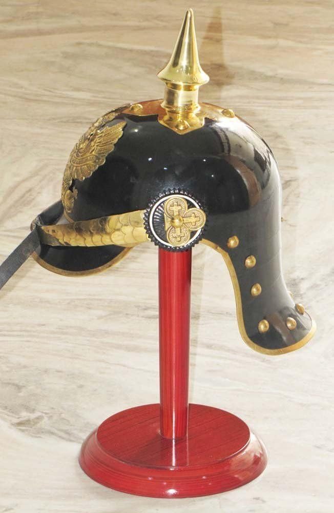 German Helmet Brass Accents Prussian PICKELHUBE Imperial Officer Spike Helmet Finish Black Painted Size Inner Circumference 67 CM