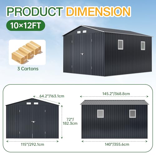 Outdoor Storage Shed 10 x 12ft. Utility Tool Shed Metal Storage Garden Shed with Lockable Doors, Windows & Metal Frame Floor for Patio Storage,Brown