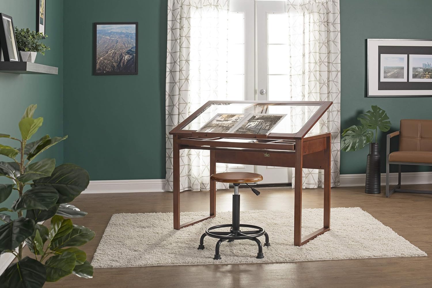 Studio Designs Vintage Drafting Table + Retro Stool Bundle | Solid Wood Craft Tables