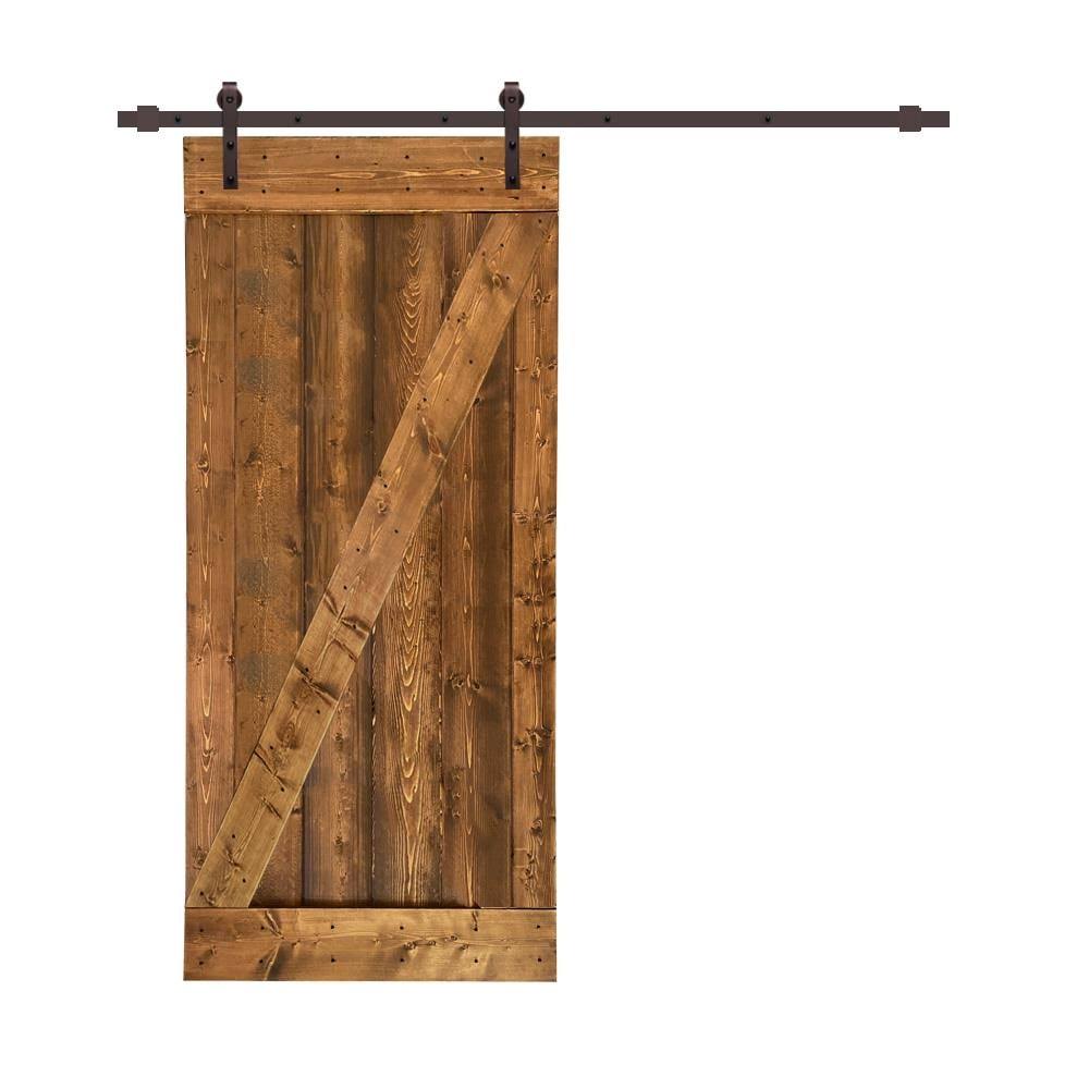 CALHOME Distressed Z 42 in. x 84 in. Walnut Solid Knotty Pine Wood Interior Sliding Barn Door with Hardware Kit, Brown