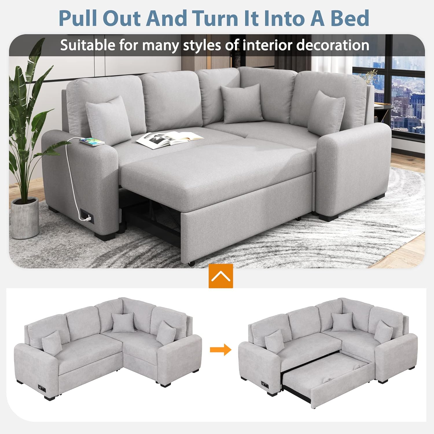 LUMISOL 87.4" L-Shape Sectional Sofa with USB Charging Port and Plug Outlet, Pull-Out Sofa Bed with 3 Pillows for Living Room Small Apartment, Grey