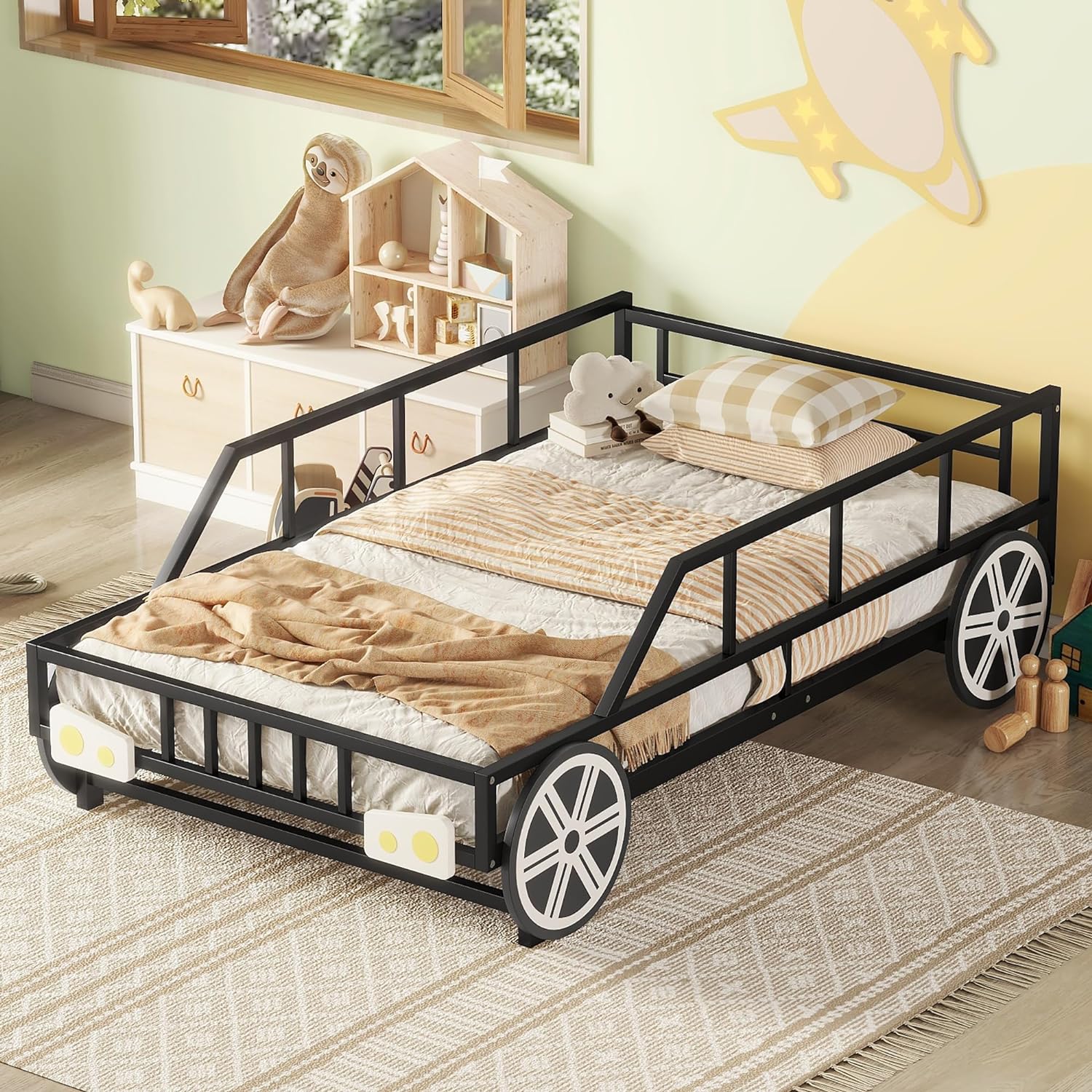 Size Car Bed Wih Rails Ad 4 Wheels, Meal Kids Low Plaform Bed Frame, Race Car Bed For Kids Boys Girls ees, Black
