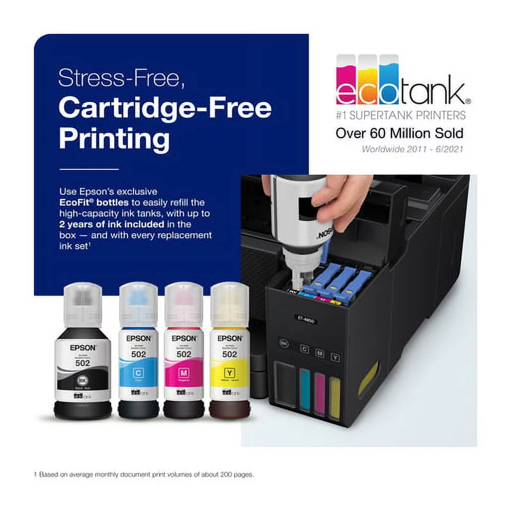 Epson EcoTank ET-4850 Wireless All-in-One Cartridge-Free Supertank Printer with Scanner, Copier, Fax, ADF and Ethernet ? The Perfect Printer for Your Office