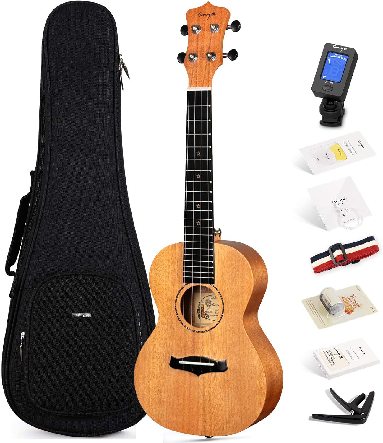 Enya Concert Ukulele 23 Inch Blue Solid Mahogany Top with Ukulele Starter Kit Includes Online Lessons, Tuner,Case, Strap, Strings, Capo, Sand Shaker, Pick,Polish Cloth (EUC-25D BU)