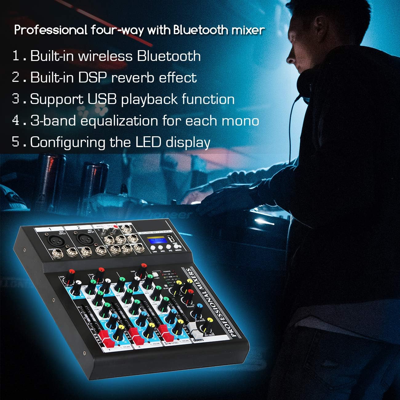 Depusheng HT4 Bluetooth Compatible Professional Portable Digital DJ Console w/USB 4 Channel Mixer Audio Interface-Mixing Boards For Studio Recording, Black Pack of 2