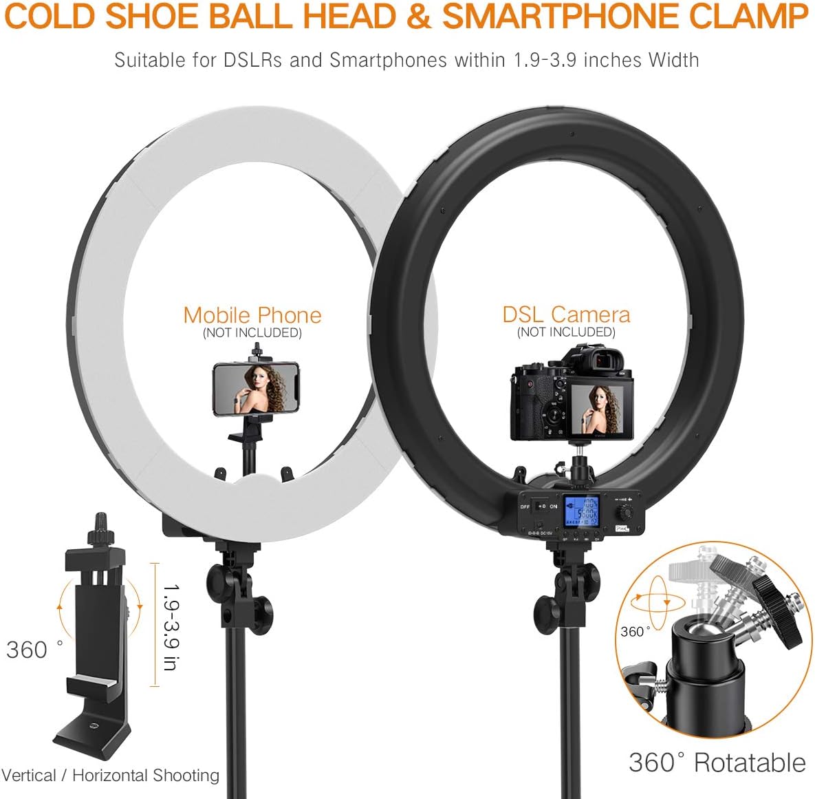 Pixel Ring Light, 19" Bi-Color LCD Display Ring Light with Stand, 55W 3000-5800K CRI≥97 Light Ring for Vlogging Selfie-Portrait Live Stream Video Photography Shooting