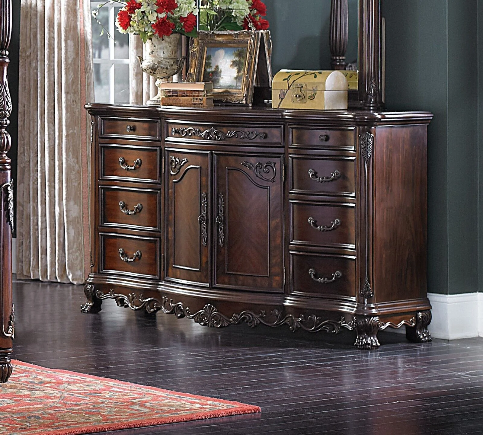 Formal Bedroom 5pc Queen Poster Bed Dresser Nightstands Mirror Set Traditional Style Cherry Finish