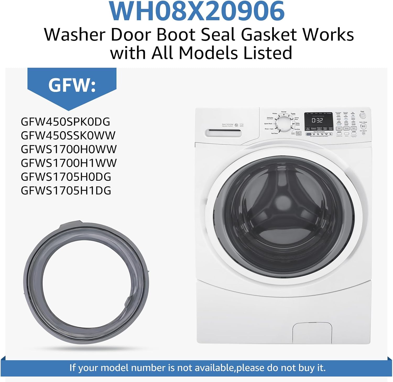 WH08X20906 Washer Door Boot Seal Gasket Compatible with GE Washer Machine Compatible Models GFW450SPK0DG GFW450SSK0WW GFWS1705H0DG GFWS1705H1DG GFWS1700H0WW GFWS1700H1WW etc Series.