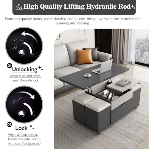 Lift Top Coffee Table with 4 Seats, 3 in 1 Mutifunction Center Table with Storage Pu Stools,Coffee Table Converts to Dining Table for Kitchen, Living Room, Bedroom