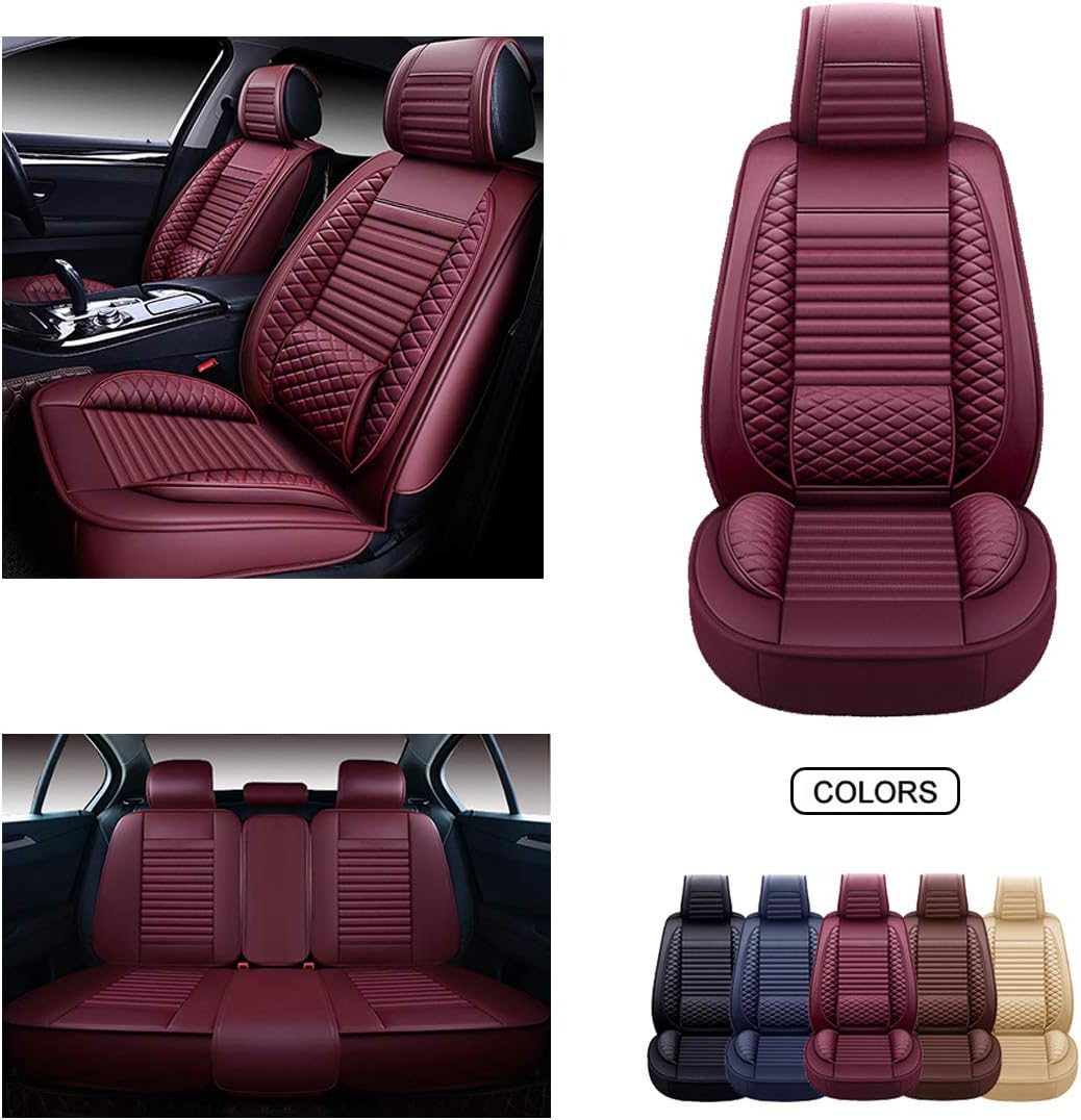 OASIS AUTO OS-002 Leather Car Seat Covers, Faux Leatherette Automotive Vehicle Cushion Cover for 5 Passenger Cars & SUV Universal Fit Set for Auto Interior Accessories (OS-002 Full Set, TAN)