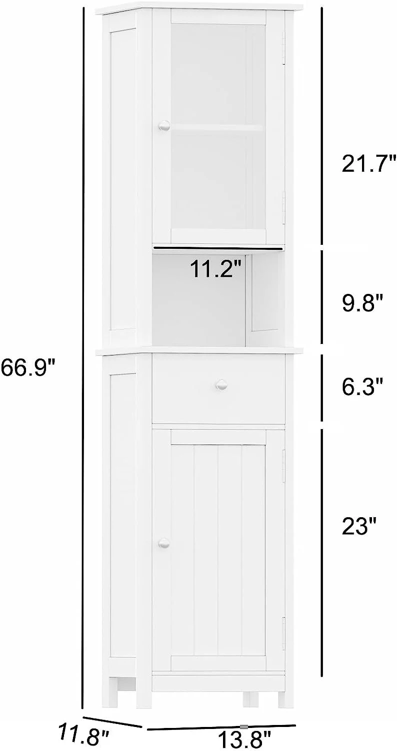 YINCHEN Tall Bathroom Floor Cabinet with Glass Doors, Narrow FreeStanding Storage Cabinet with Adjustable Shelf, Wooden Bathroom Storage Cabinet, Pantry with Drawer, White BMGZ105W