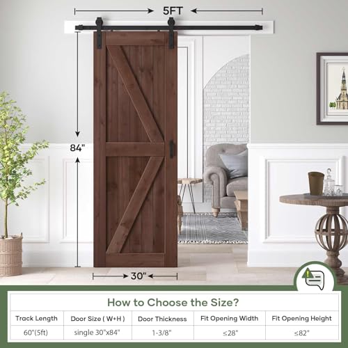 36x84 inch Sliding Barn Wood Door Slab with 6.6ft Hardware Kit and Handle, Coffee, K Shape, Simple DIY Assembly