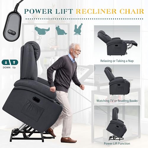 Flamaker Power Lift Recliner Chair PU Leather with Massage for Elderly Ergonomic Lounge Chair Classic Single Sofa with 2 Cup Holders Side Pockets Home Theater Seat (Leather, Light Black)