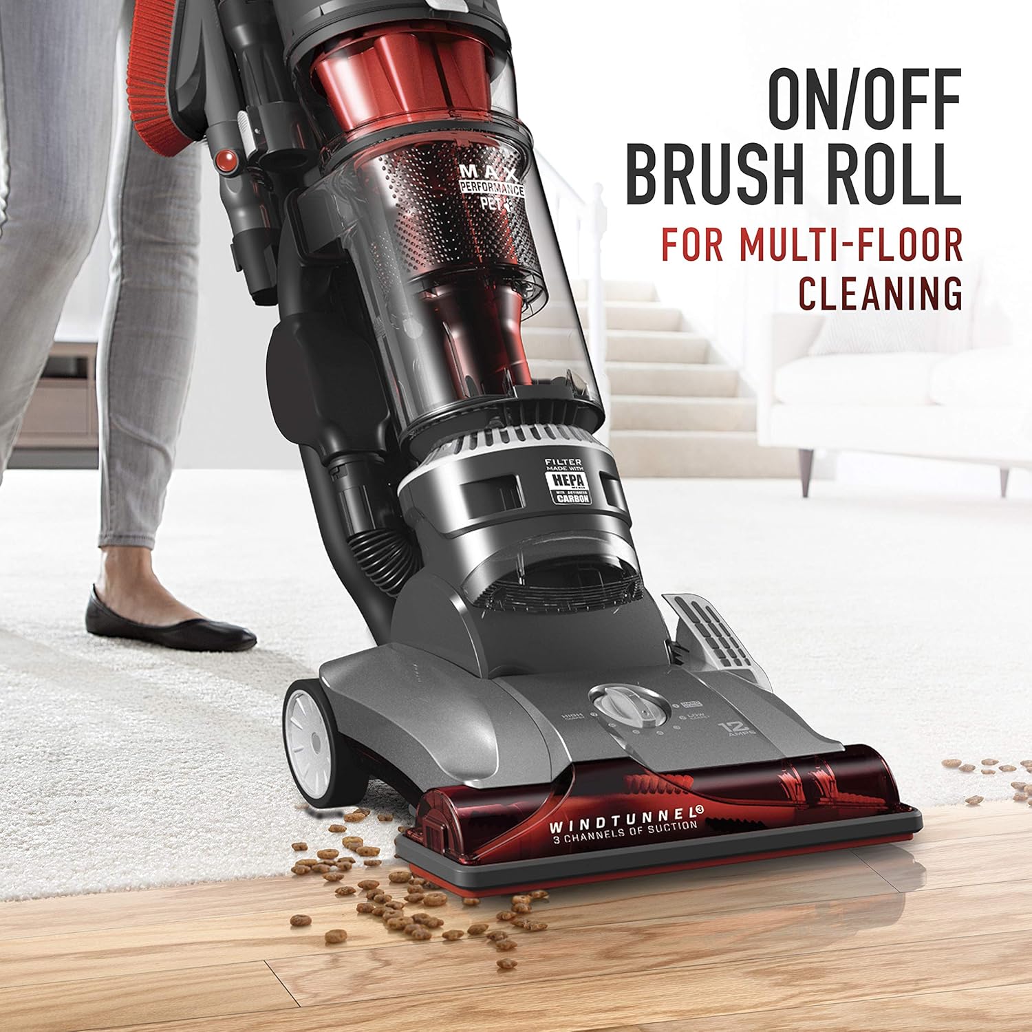 Hoover WindTunnel 3 Max Performance Pet, Bagless Upright Vacuum Cleaner, HEPA Media Filtration, For Carpet and Hard Floor, UH72625, Red