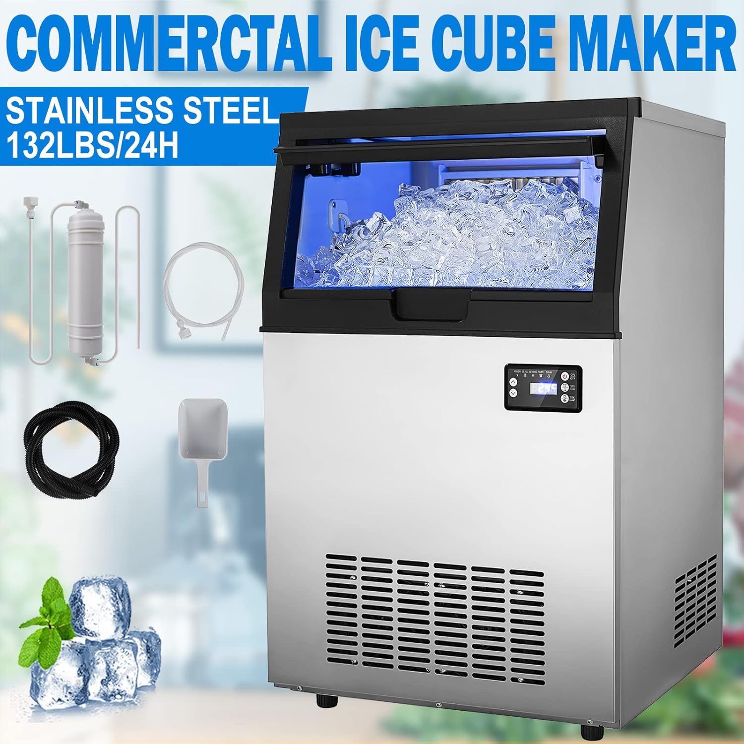 Commercial Ice Maker Machine, Freestanding Ice Maker Machine 132lbs/24H with 33lbs Ice Storage Capacity, Stainless Steel Ice Machine Ideal for Coffee Shop, Restaurants, Homes and Offices