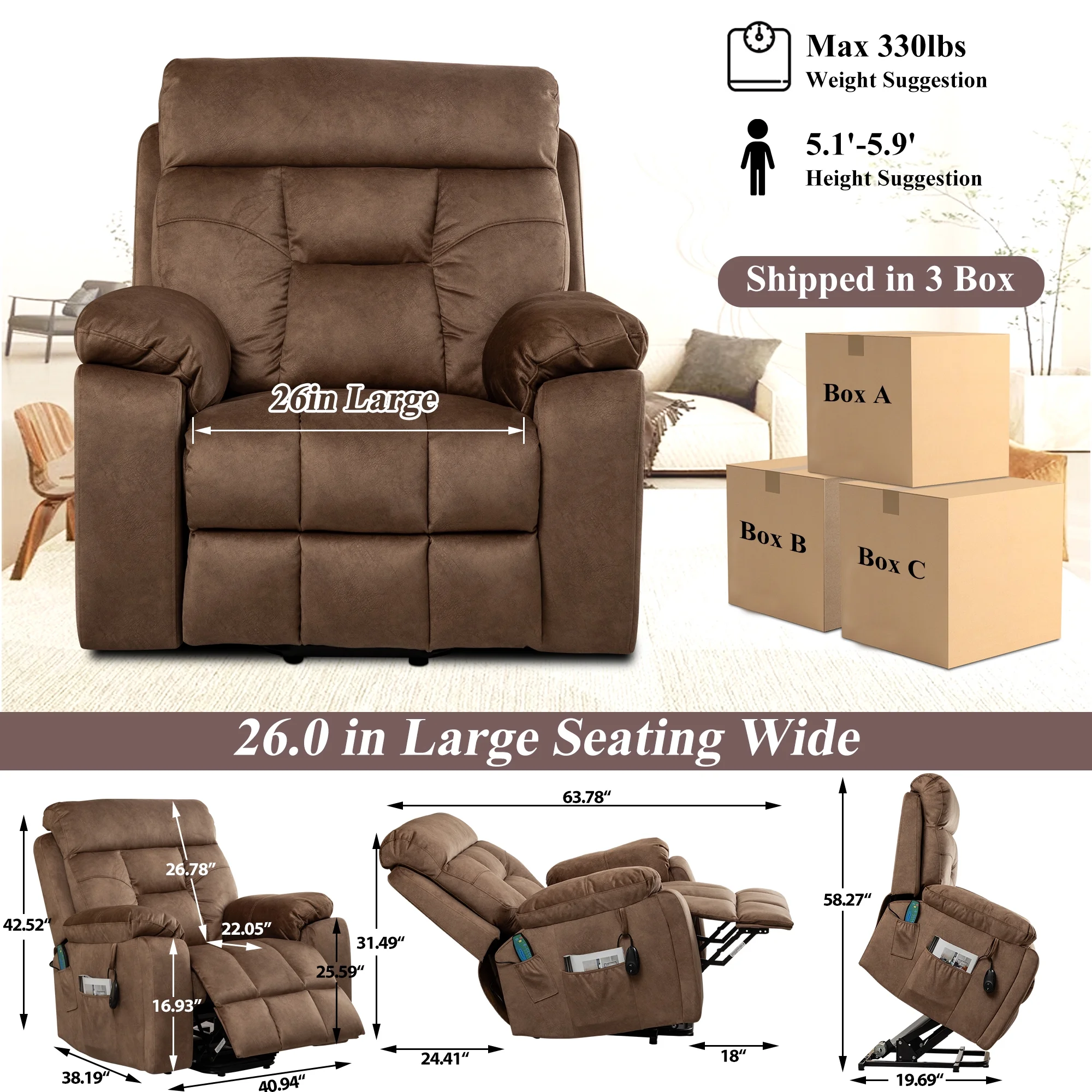 Power Lift Recliner Chair, Legahome 26in Oversize Large Electric Lift Recliners for Elderly with Heat and Massage, 3 Position Electric Recliner Chair for Home Use with Hidden Cup Holder, Dark Brown