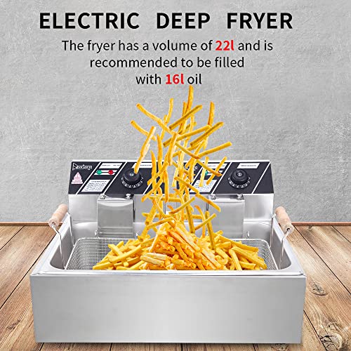 Dual Tank Electric Deep Fryer Stainless Steel Construction Accurate Thermostats Ideal for French Fries, Fried Chicken, and More 110V Voltage 4 Feet Stability Safe Operation 12L Capacity 5000W Power