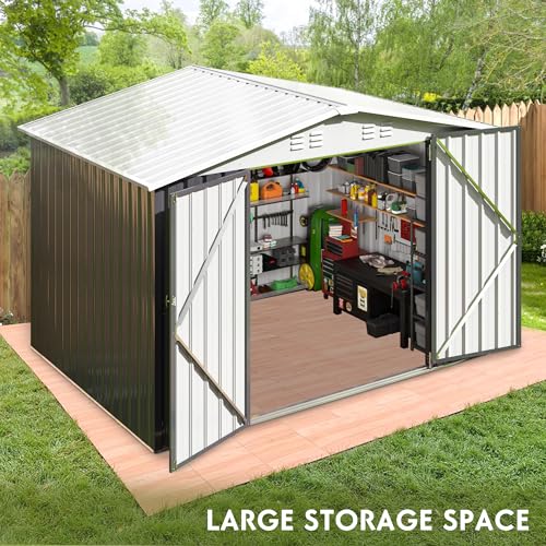 Polar Aurora 10x14 Outdoor Storage Shed, Garden Shed with Updated Frame Structure and Lockable Doors, Metal Tool Sheds for Backyard Garden Patio Lawn, White