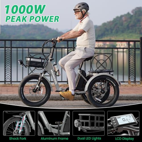 MOONCOOL Electric Tricycle Trike for Adults 350W 36V Removable Battery 24/26 Inches 7 Speeds 3 Wheels Electric Bikes Bicycle for Adults, Three Wheel Electric Cruiser Tricycle