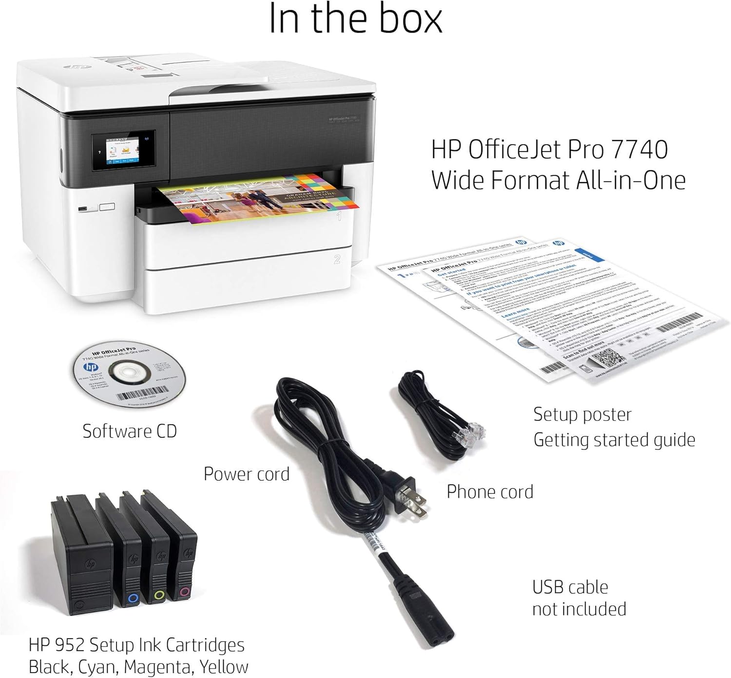 HP OfficeJet Pro 7740 Wide-Format Color Inkjet All-in-One Printer, Print Scan Copy Fax, Wireless Printing, Auto 2-Sided Printing, 34 ppm, 512MB, Works with Alexa, Bundle with JAWFOAL Printer Cable
