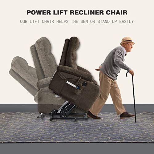 Lift Recliner Chair for Elderly,Power Vibration Massage Heated Arm Chair 2 Cup Holders,USB Charge Port,Fabric Single Sofa Seat Chair with 2 Side Pockets,Ergonomic Lounge Chair for Living Room (Brown)