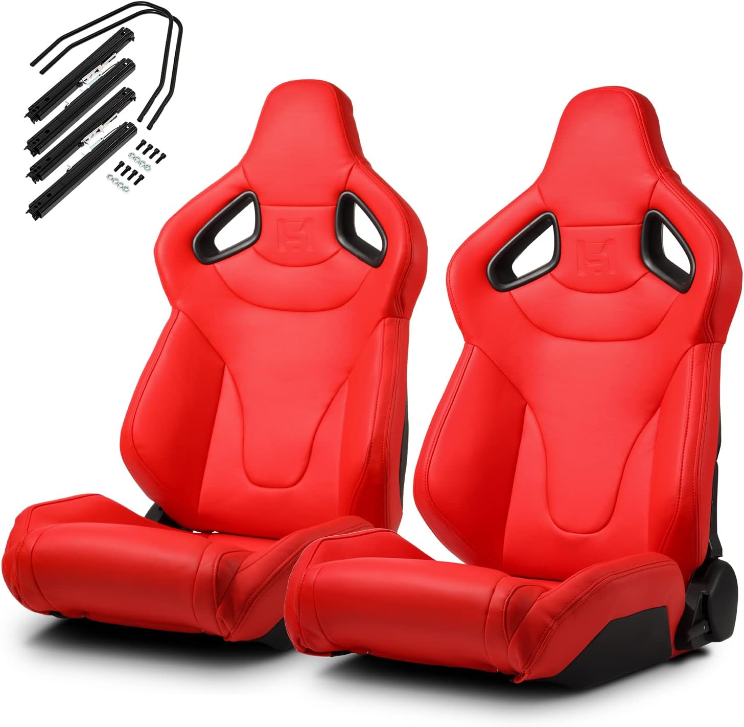 ModifyStreet 1 Pair Universal Black w/Red Stitching w/Carbon Fiber Leather PVC Reclinable C-Series Racing Seats W/Slider Left/Right