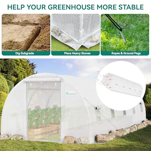 YITAHOME 44x10x7ft Greenhouse Extra Large Heavy Duty 4 Zipper Doors Outdoor Greenhouses 24 Windows Walk in Tunnel Green House Plant Gardening Upgraded Galvanized Steel Frame for Garden, White