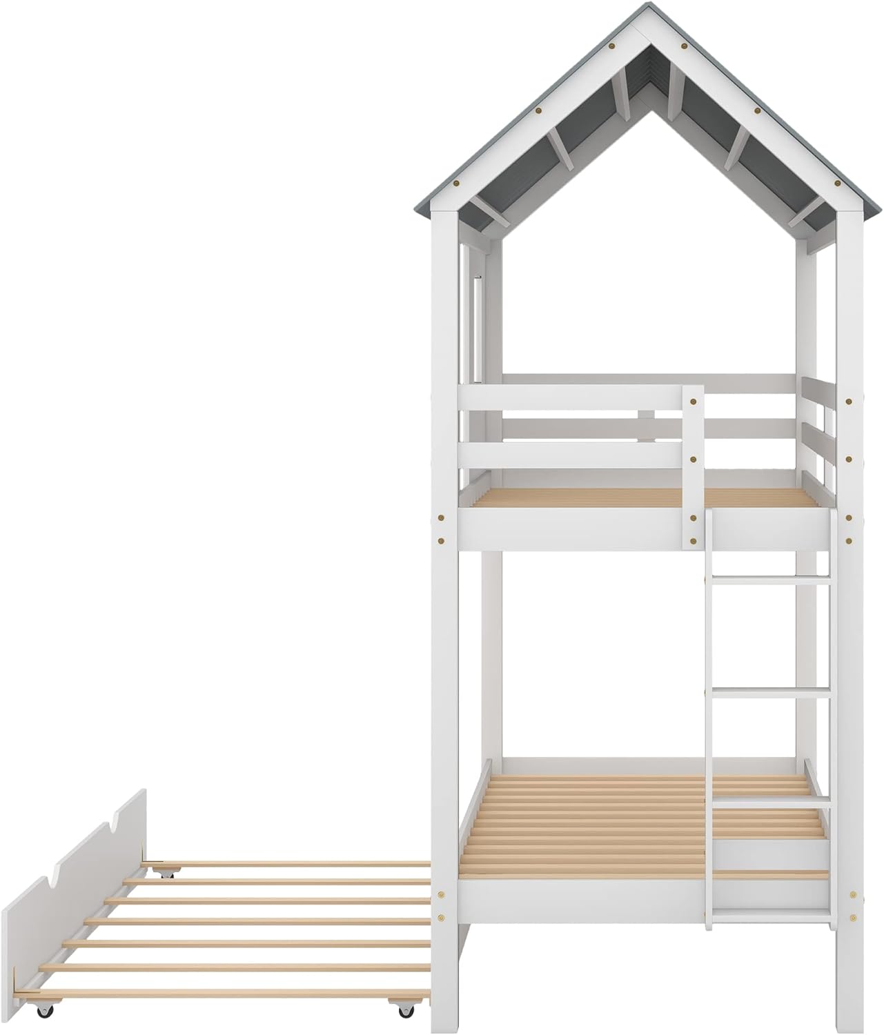Twin Over Twin House Bunk Beds with Trundle, Wood Bed Frames with Two Front Windows and Roof for Toddlers/Boys/Girls, White