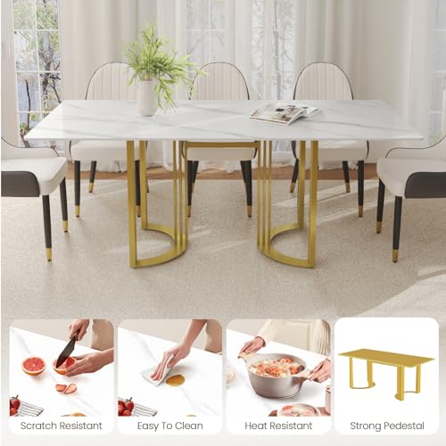 Modern Rectangle Marble Dining Table,63" White Marble Sintered Stone Top Dining Table with Gold Trestle Pedestal,Faux Marble Kitchen Dinner Table for Dining Room/Living Room/Office (Table Only)
