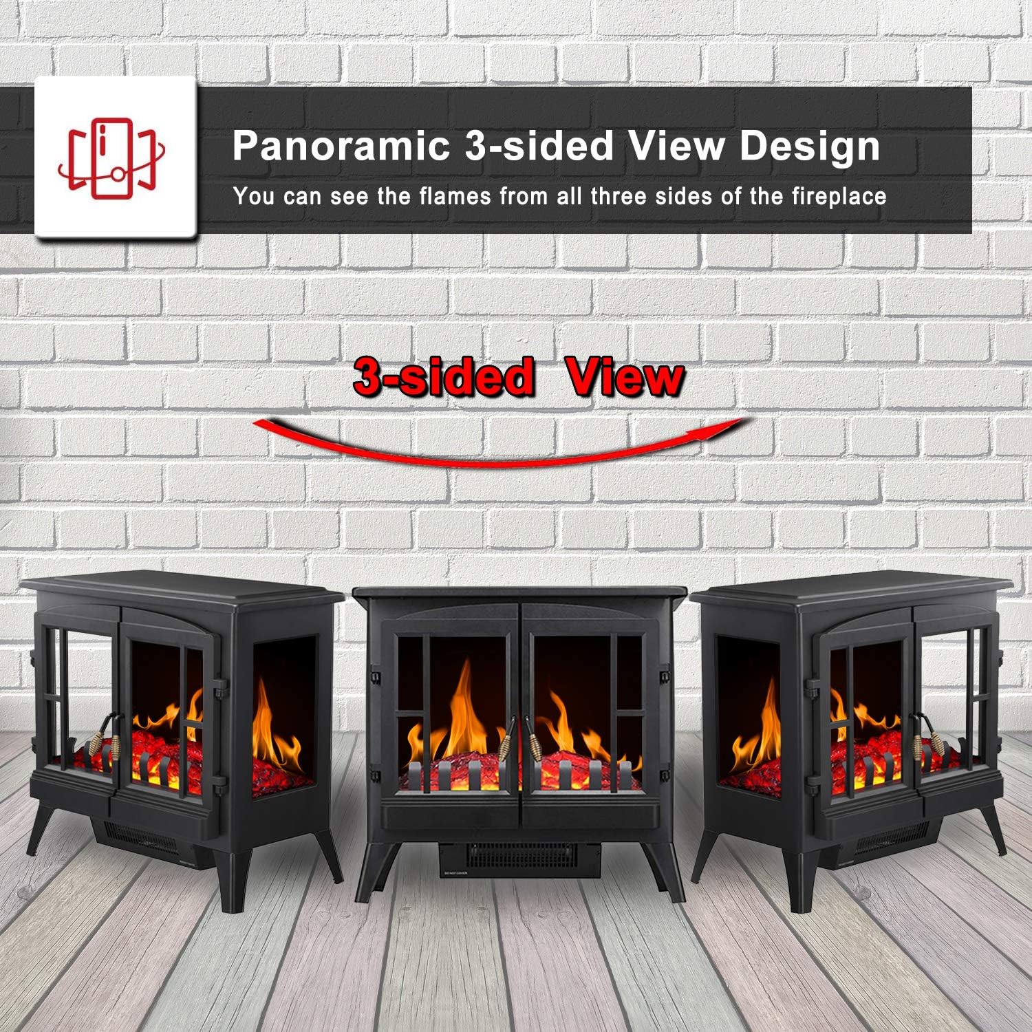 R.W.FLAME Electric Fireplace Infrared Stove Heater, 23" Freestanding Fireplace Heater, 3D Realistic Flame Effects, Adjustable Brightness and Heating Mode, Overheating Safe Design, 1000W/1500W, Black