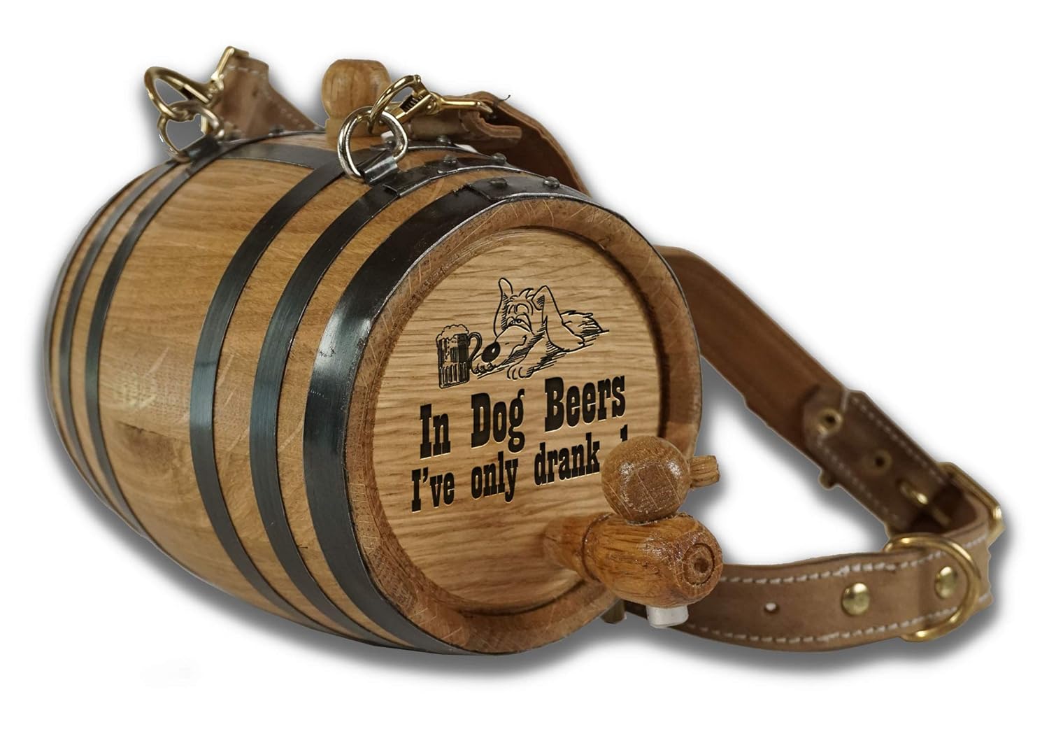 Thousand Oaks Barrel | St. Bernard Dog Collar Rescue Barrel, with Engraved Design 'Favourite Drink is a Growler' (1/2 Liter Size Oak Mini Keg with Black Hoops for Pet) Pack of 2