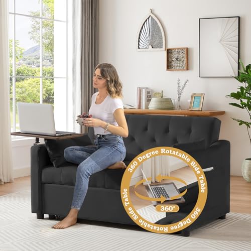 3 in 1 Convertible Sleeper Sofa Couch with Pull Out Bed,53" Velvet Futon Tufted Loveseat with Table&Reclining Back,Comfy 2 Seater Lounge Sofa for RV,Living Room,Bedroom,Small Space(Grey)