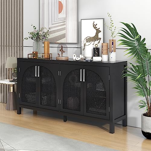 Accent Storage Cabinet Buffet Cabinet Freestanding Storage Sideboard with Artificial Rattan Doors & Metal Handles, Entryway Cabinet for Living Room Office Bedroom, Kitchen (Black)