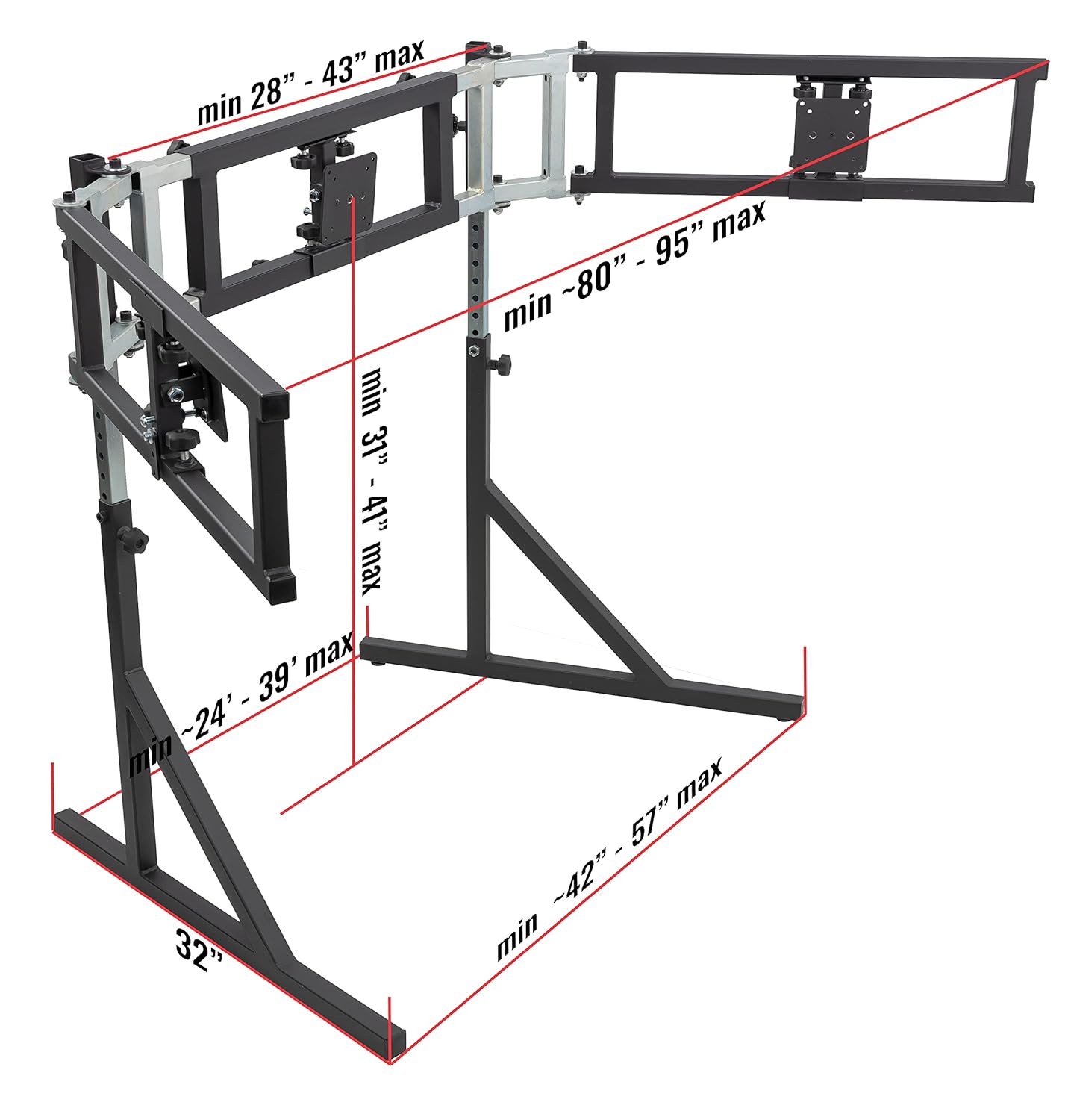 SimFab Triple Monitor Floor Stand for Racing and Flight Simulators Model LD | Up to 100x100mm VESA Mount or M4/M5 Hardware (Triple Monitor Stand, Light Duty Mount Brackets)