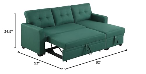 L-Shape Sofa Sectional Convertible Sleeper with Storage Chaise and Pull-Out Bed, Linen Upholstered Reversible Corner 3 Person Couch, for Living Room, Apartment, 82" Green, 82inch