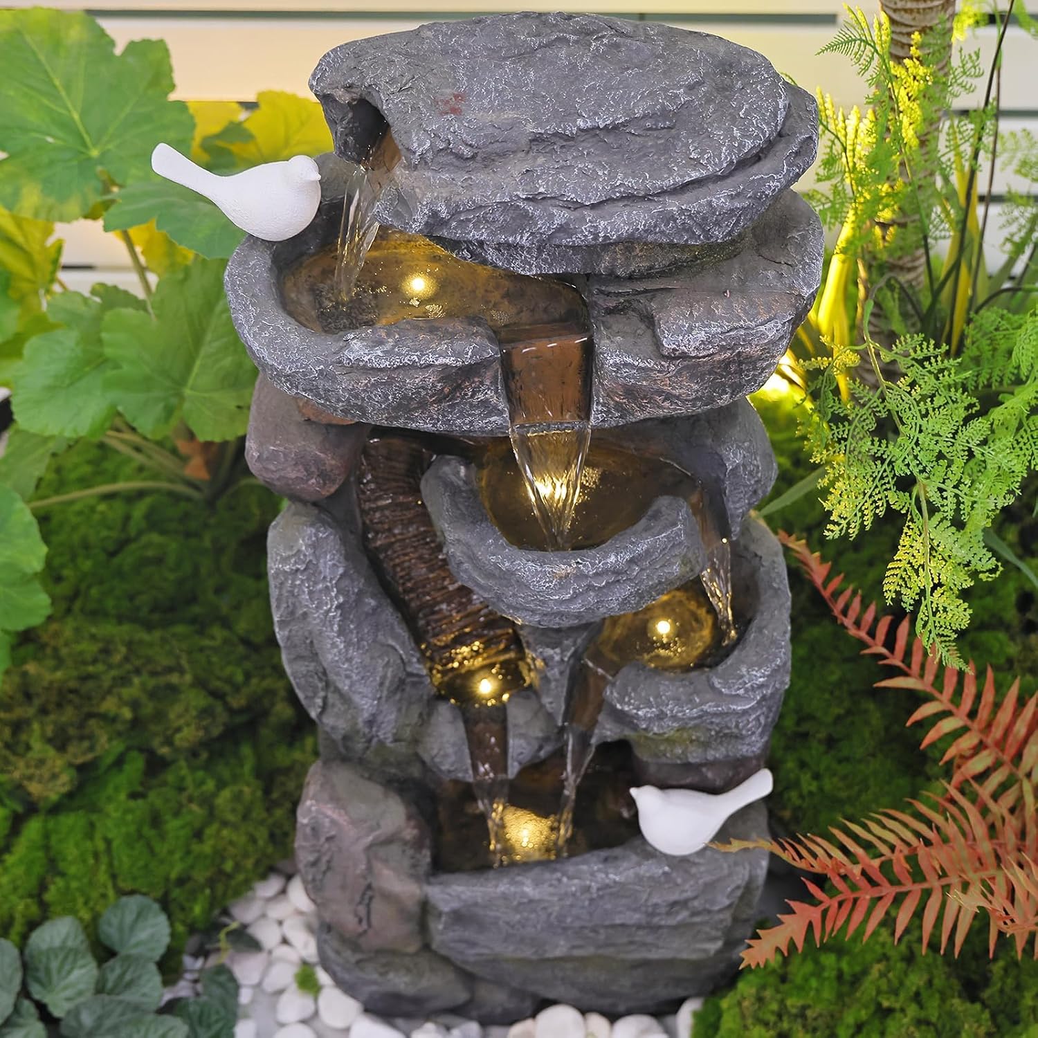 5-Tiered Rock Water Fountain Outdoor Garden - 31.5”Waterfall Fountain Outdoor Water Fountain with Light Cascading Waterfall for Patio,Garden,Grey,Resin Fountain