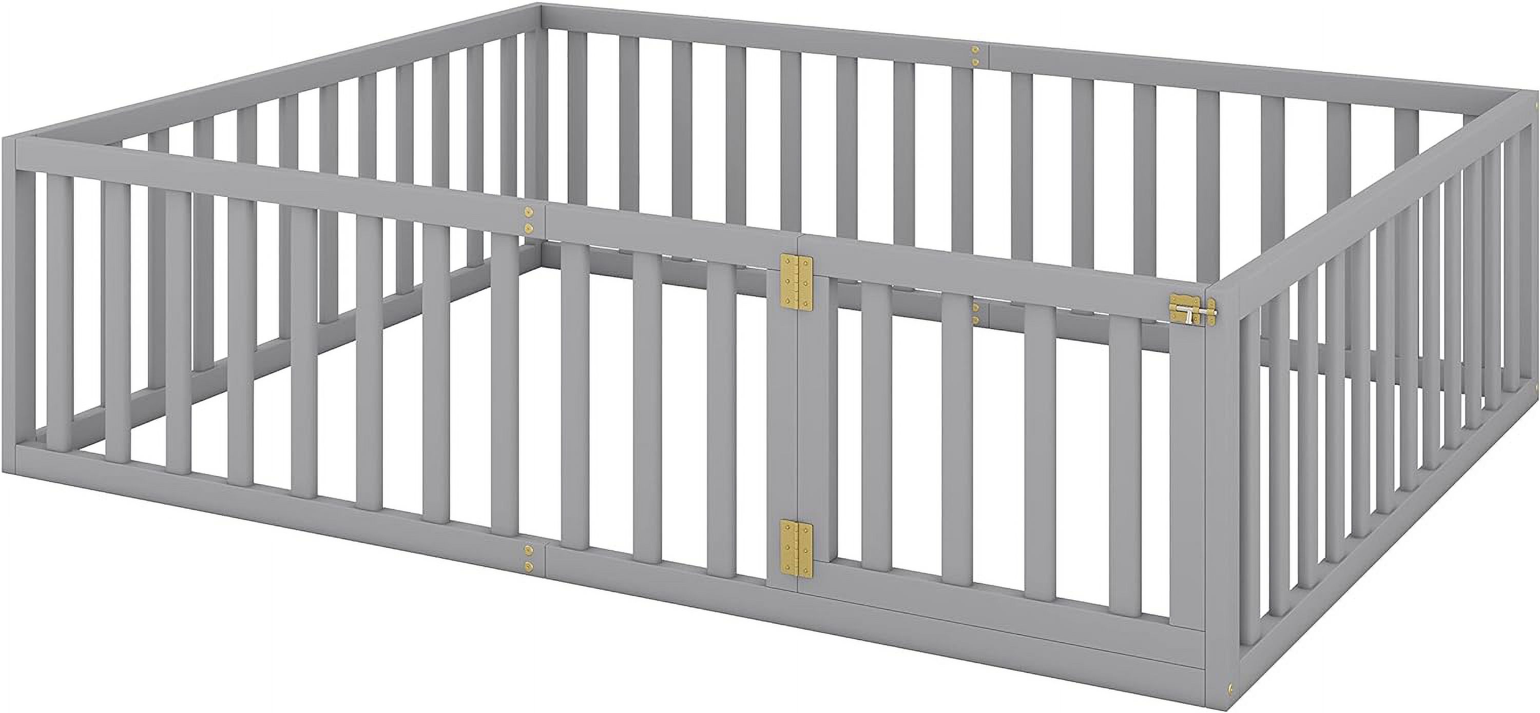 Queen Floor Bed With Fence For Kids, Montessori Floor Bed, Wood Platform Bed Frame Cabin Bed For Girls Boys, Gray