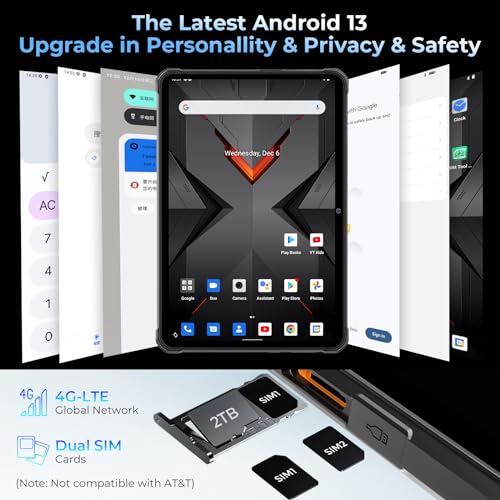 HOTWAV R7 Rugged Tablet Android 13, 15600mAh 10.1 Inch HD+ 12GB+256GB/(2TB TF) Waterproof Tablet PC, 16MP+16MP Camera Octa-Core IP68&IP69K/Dual SIM 4G/5G WiFi/Face ID/GPS/OTG/Widevine L1 (Gray)