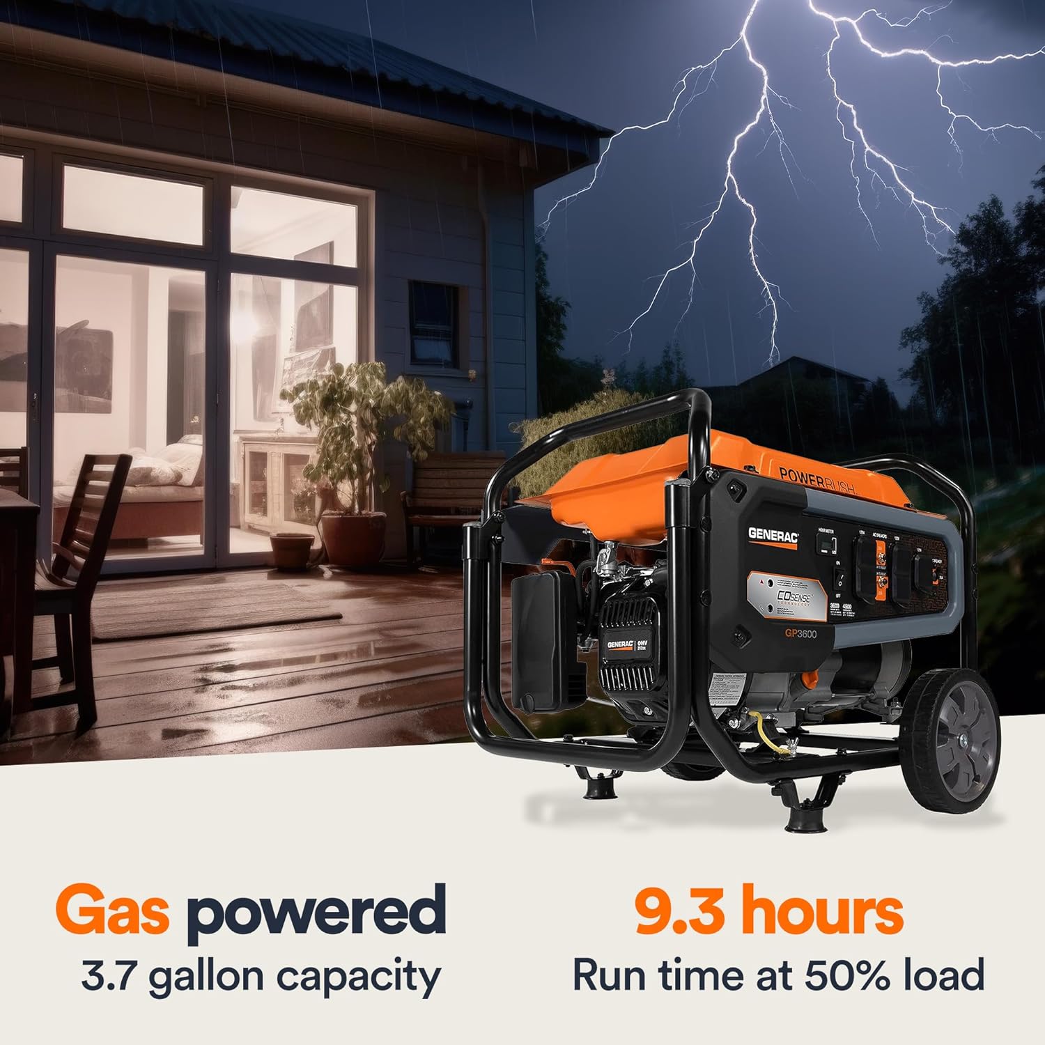 Generac 7678 GP3600 3,600-Watt Portable Generator 50-State / CARB Compliant for Reliable Power Anywhere, 24" W x 22.5" D x 21.3 H, Orange/Black