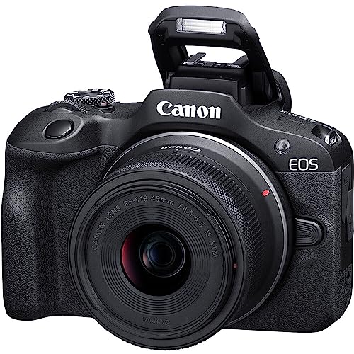 Canon EOS R100 Mirrorless Camera w/RF-S 18-45mm f/4.5-6.3 STM Lens + Wide Angle & Telephoto Lenses + 64GB Memory + 3pc Filter Kit + Case + Flash + Tripod