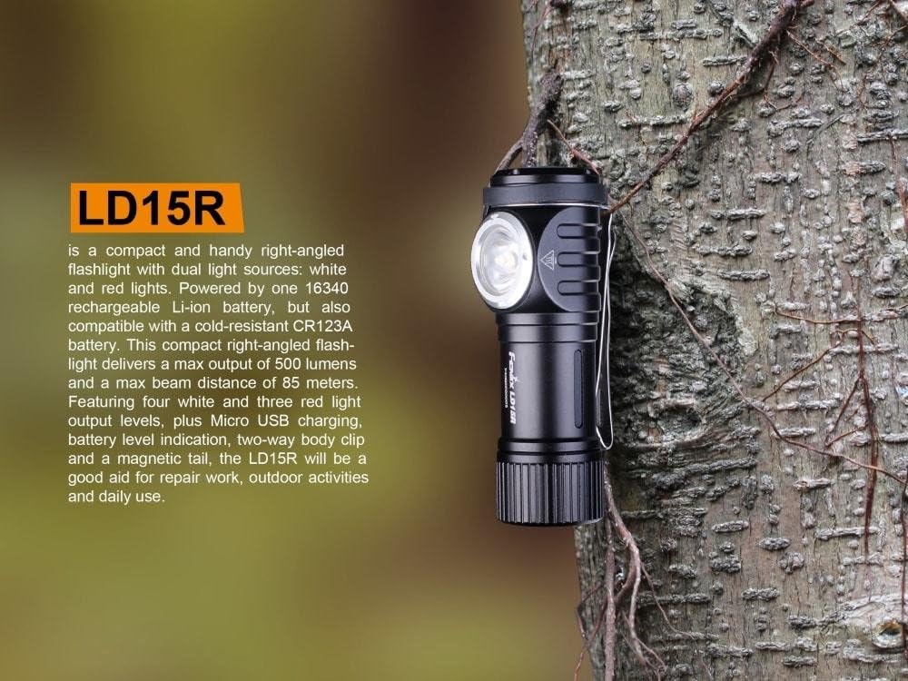 FENIX LD15R 500 Lumen USB rechargeable right angled task light/Flashlight with EdisonBright USB charging cable Pack of 2