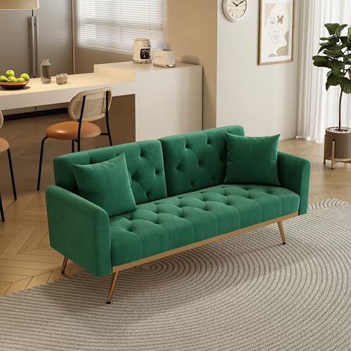 Velvet Convertible Sofabed, Futon Sofa Bed,68.3" Small Sofa Bed Couch with Adjustable Backrest,Modern Loveseat for Living Room, Bedroom, Office, Green