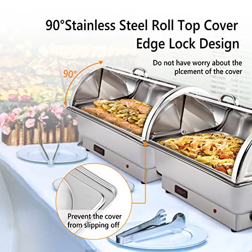 ROVSUN Electric 9 QT Stainless Steel Chafing Dish Buffet Set,Roll Top Chafer, Food Warmer with Full Size & 2 Detachable Food Pans for Party Wedding Catering Banquet Graduation
