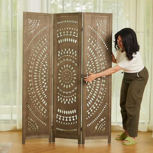 Room Divider Wood Carved Wall Divider Indoor Folding Bohemian Style Portable Partition Screen for Home Office Garden Terrace - 6 Panels (Antique, White-Washed)